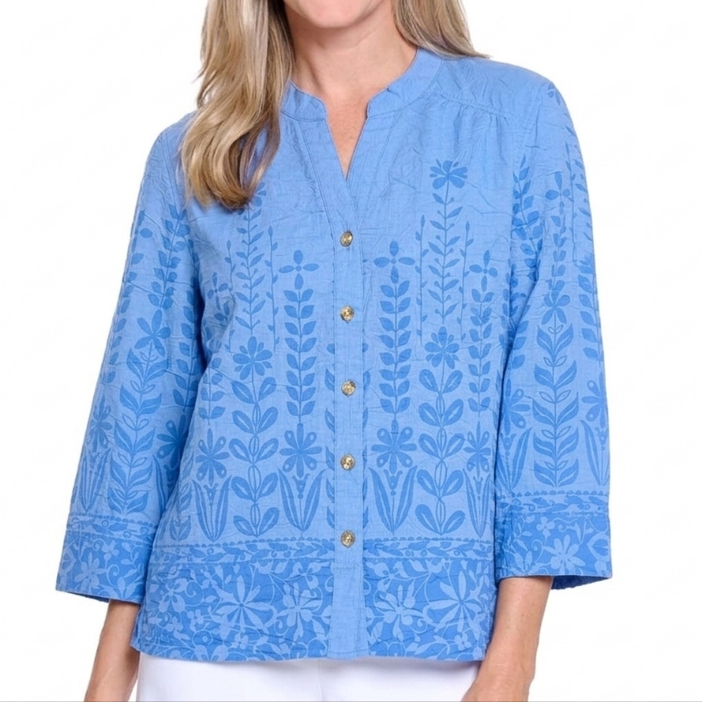 Exofficio Blouse Blue Floral Lightweight Small Button Down 3/4 Sleeve Shirt EUC